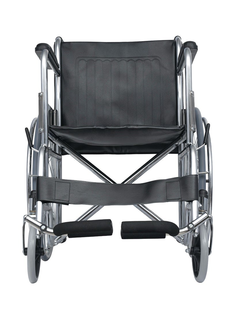 ايدبلس كرسي متحرك قابل للطي، إطار فولاذي مطلي بالكروم شديد التحمل، مقعد مريح من مادة PVC، طبي - Image 1